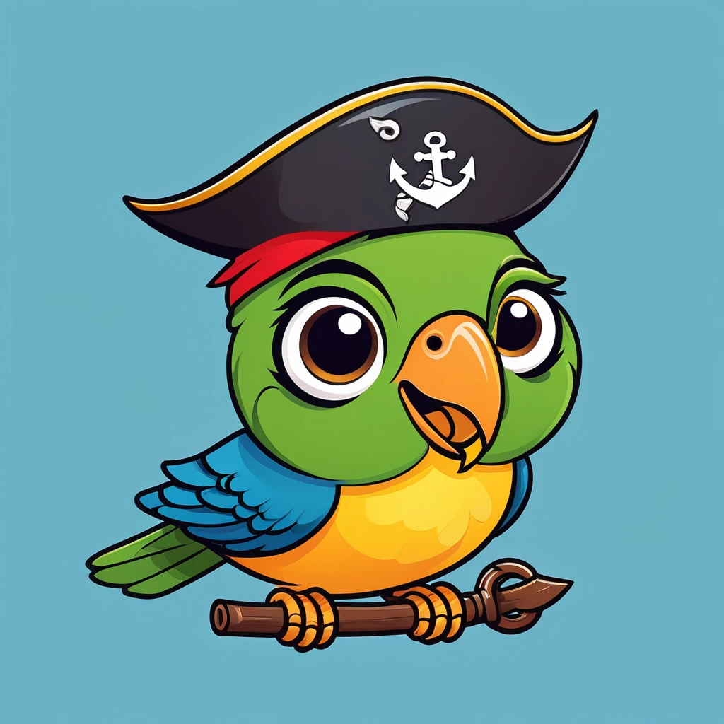 Emoji of a smiling face with a pirate hat and an eyepatch, a small parrot on the shoulder, and a tiny anchor symbol appearing next to it, cheerful and playful expression, simple and colorful design.