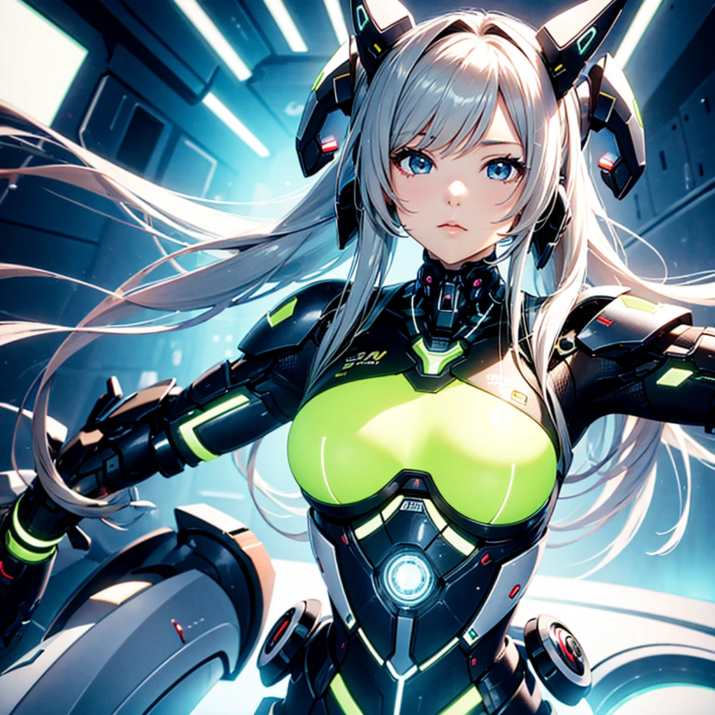 Meisterwerk, gute Qualität, gynoider Cyborg-Körper、Minami Kotori&#39;s Gesicht、Minami Kotori, die in einen mädchenhaften mechanischen Körper umgestaltet wurde、Mecha Cyborg Girl、einzel, Frontale Komposition、einzel image、von vorne, Ganzkörper、Arme und Beine weit geöffnet、schwarzer Hintergrund