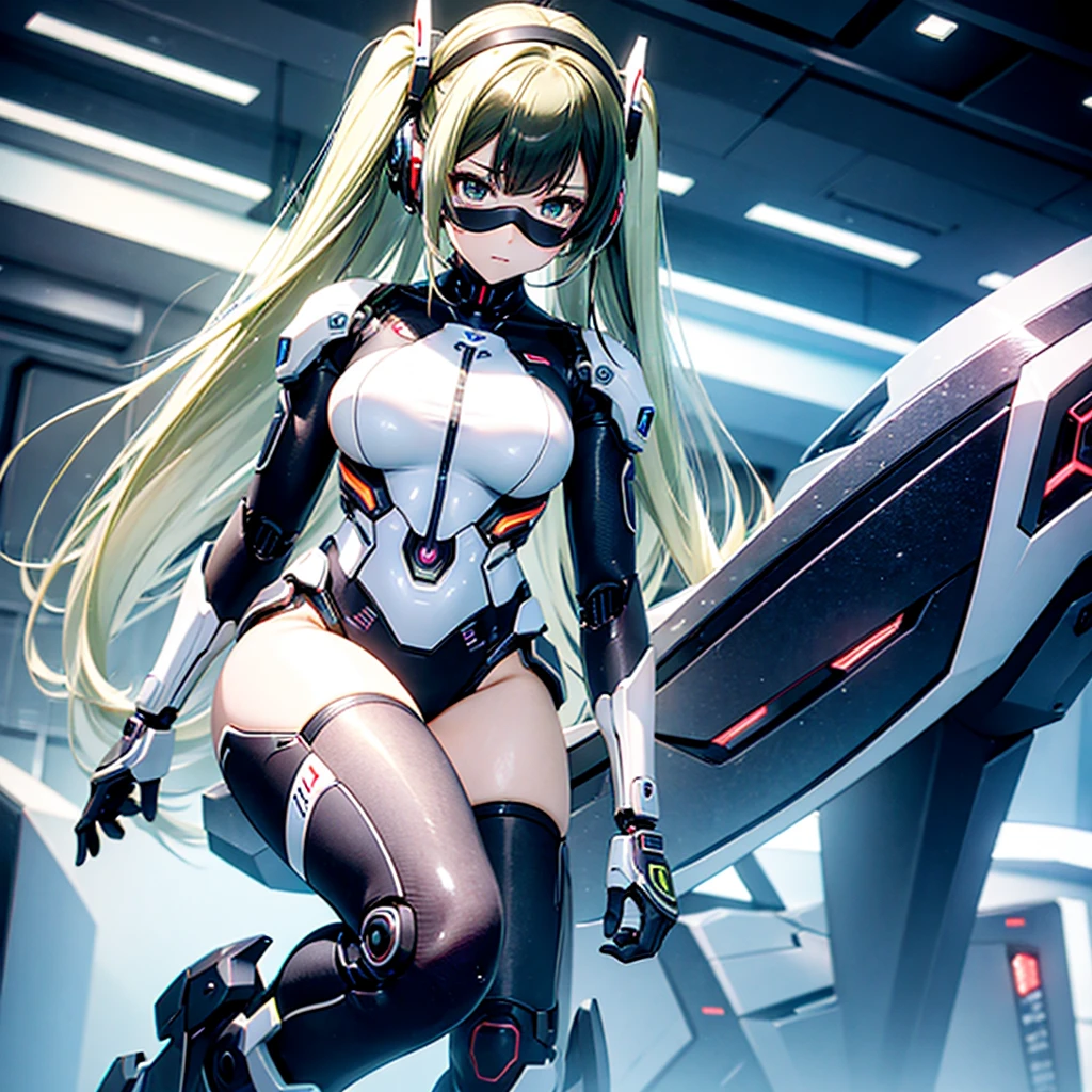 masterpiece, high quality, Gynoid Cyborg Body、Minami Kotori&#39;s Face、Minami Kotori, who has been remodeled into a girl-type mechanical body、Mecha Cyborg Girl、Single, frontal composition、Single image、from front, full body、Arms and legs wide open、Black Background