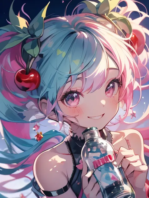 masterpiece、hatsune miku、pink hair、long hair、cherry hair ornament、the wind is blowing、sparkling eyes、smile、holding a plastic bot...