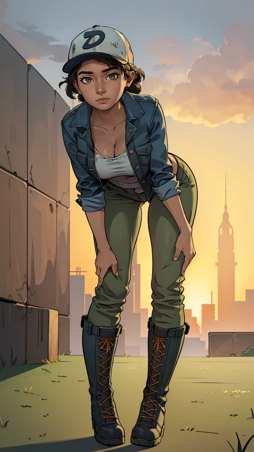 ((masterpiece, best quality)),(complex lighting) ,solo,(((1girl))) ,clementine, light skin,light-skinned female, baseball cap, green cargo pants, brown eyes, tight pants, combat boots, shirt, short hair, one short ponytail, open denim jacket, huge butt, thicc butt , (((8k))), (((full body))), (((bent over))), (((looking at the viewer))), (((view from in front of her))), big breasts, cleavage