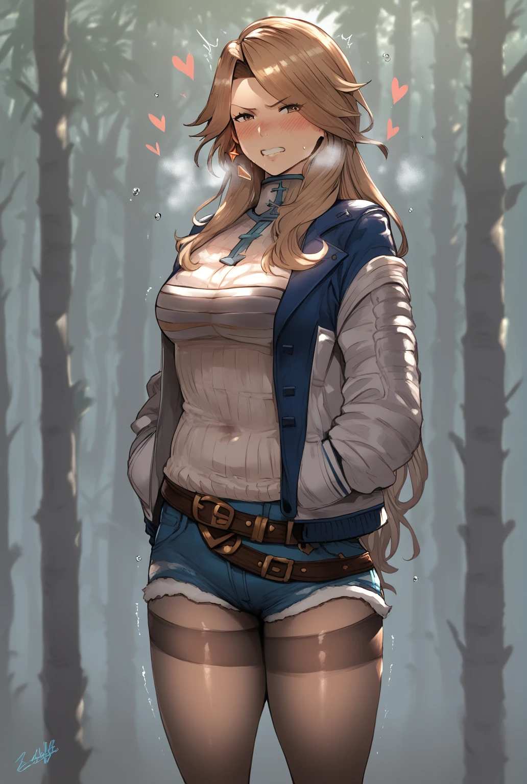 core_9, score_8_up, score_7_up, score_6_up, uncensored, katalina \(granblue fantasy\), long hair, parted bangs, brown hair, brown eyes, sweating, BREAK (masterpiece:1.2), best quality, high resolution, (detailed eyes:1.3), perfect lighting, (perfect hands, perfect anatomy), hearts, pleasured,1girl, solo, pantyhose, standing, coat, looking_at_viewer, black_legwear,  casual, shoes, turtleneck, jacket, tree, bamboo, forest, water drop, spotlight, bokeh, bootyshorts, BREAK, clenched teeth, blush, trembling, gasping, heavy breathing,