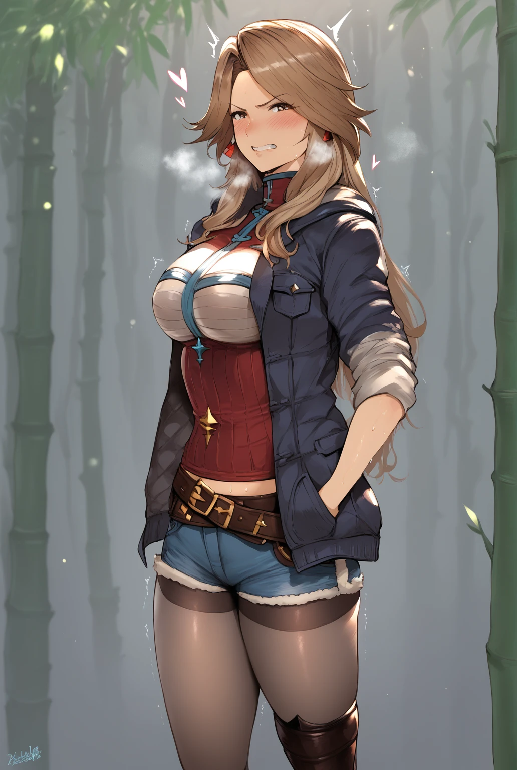 core_9, score_8_up, score_7_up, score_6_up, uncensored, katalina \(granblue fantasy\), long hair, parted bangs, brown hair, brown eyes, sweating, BREAK (masterpiece:1.2), best quality, high resolution, (detailed eyes:1.3), perfect lighting, (perfect hands, perfect anatomy), hearts, pleasured,1girl, solo, pantyhose, standing, coat, looking_at_viewer, black_legwear,  casual, shoes, turtleneck, jacket, tree, bamboo, forest, water drop, spotlight, bokeh, bootyshorts, BREAK, clenched teeth, blush, trembling, gasping, heavy breathing,