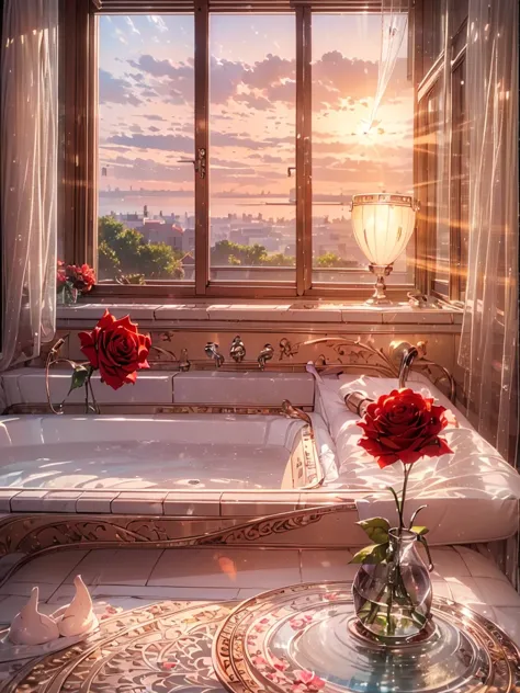good morning, 女king, king, Brazil, Italy, Bathroom, clean, window, Red rose wave, sunrise, Amazing View  