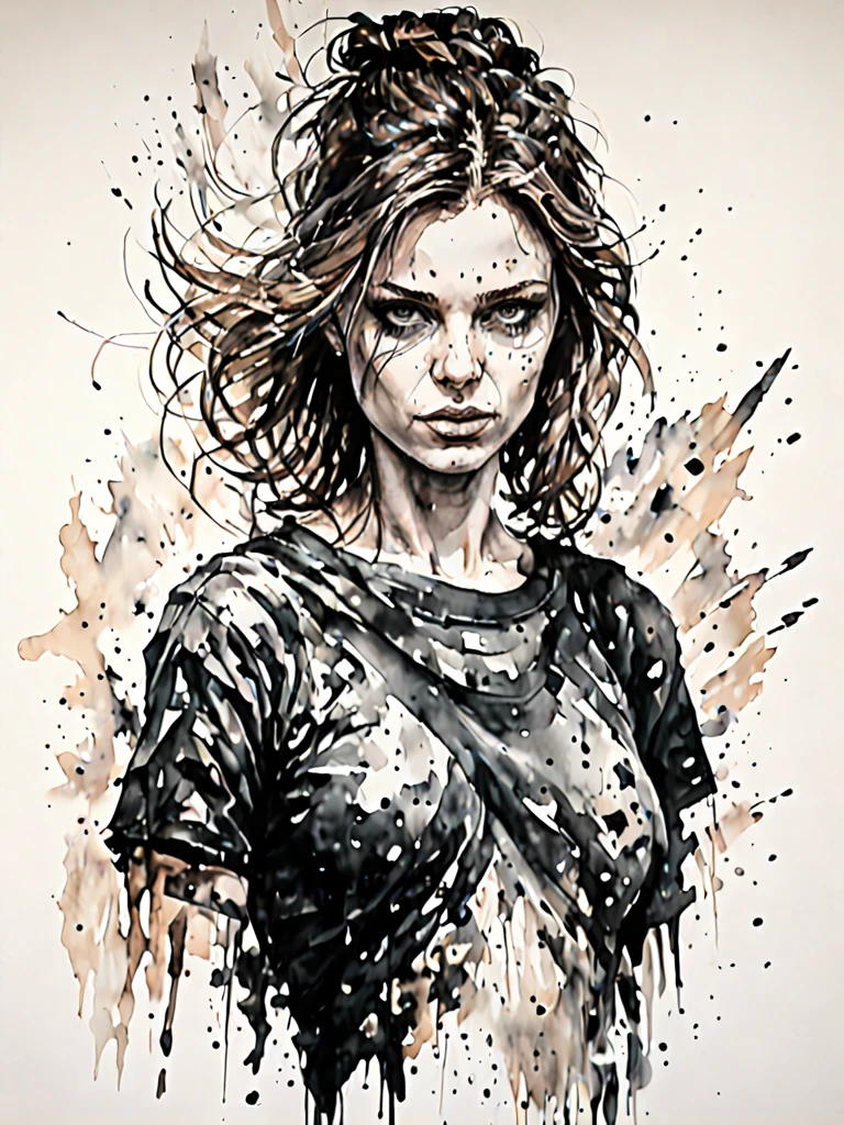 (Rachel Nichols:0.9), ink drawing of a girl by Emila Medková, in the style of hyper-realistic sci-fi, detailed perfection, hyper-realistic details, realistic woman figures, heavy use of palette knives, hyper-realistic pop, frayed, 