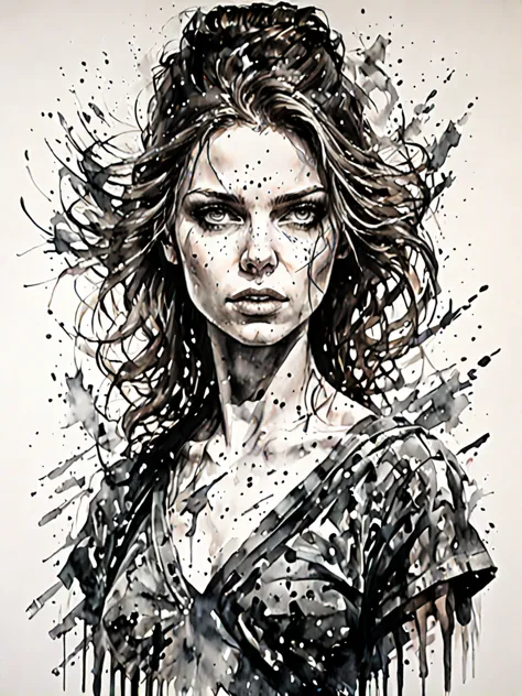 (Rachel Nichols:0.9), ink drawing of a girl by Emila Medková, in the style of hyper-realistic sci-fi, detailed perfection, hyper...