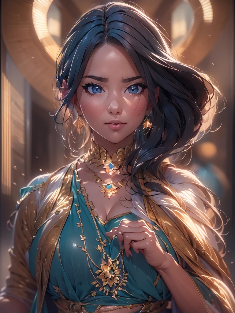 Mujer árabe con vestido azul con cinturón dorado y collar., Arte de personajes de renderizado 3D 8k, tendencia en cgstation, Chengwei Pan en la estación de arte, Inspirado en Run In, 8k arte alemania bokeh, Arte detallado de alta calidad 8k, deviantart estación de arte cgscosiety, sociedad cg 8k, sociedad cg 8k