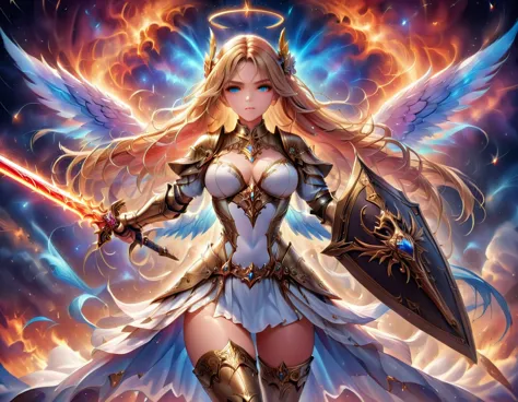 a ((medieval masterwork fresco art: 1.5)) italian renaissance style, of a 1female angel knight, spread angelic wings, glowing ha...