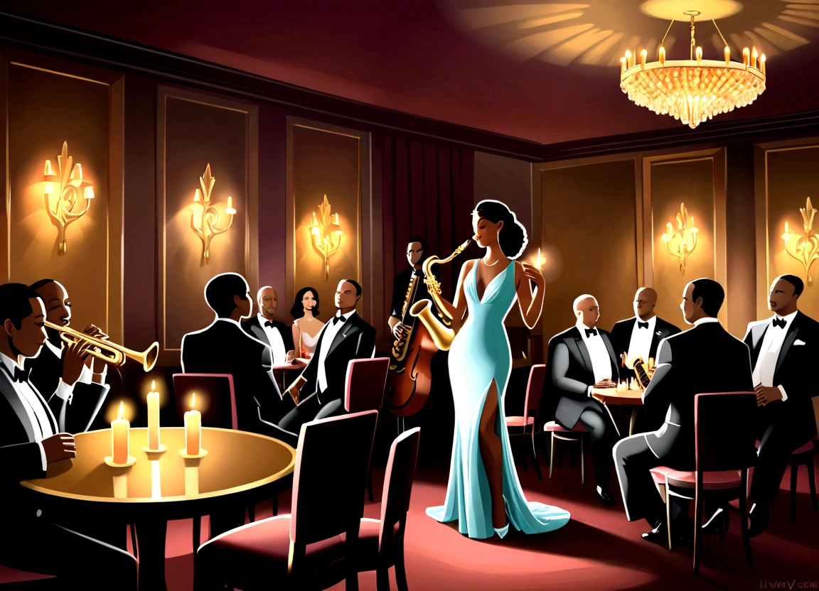 A lively scene set in a chic, dimly lit lounge where a band performs a fusion of bossa nova and jazz. The lead singer, dressed in an elegant evening gown, sways rhythmically to the soothing melodies. A saxophonist and a guitarist play harmoniously, their music filling the room with warm, mellow tones. The audience, seated at round tables adorned with candles, sips on cocktails and enjoys the sophisticated atmosphere. The ambiance is intimate and relaxed, with soft lighting casting gentle shadows, creating an inviting and sophisticated environment perfect for an evening of musical delight.