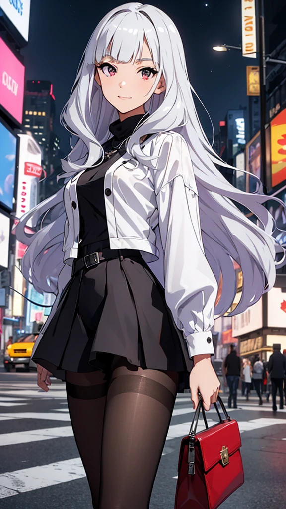 CG, unity, 8k, wallpaper, highest quality, masterpiece, Beautiful woman, 1, long white hair, white skin, BREAK, white blouse, BREAK, dark red skirt, BREAK, (black pantyhose:1.3), (Realistic:1.2), best lighting, complex pupils, complex textile, detailed background, (There is a moon at the back: 1.3), starry skies, night, In the flower garden
Enterprise, casual clothes, walking, New York Times Square, detailed heterochromia eyes, detailed lips, elegant appearance, confident expression, long silver hair flowing, blunt bangs, straight hair cut, straight bangs cut, glossy silver hair, gray straight shiny hair, luxury hairstyle, clear red right and gray left eyes gazing ahead, trendy outfit, loose white shirt, black leather jacket, ripped jeans, fashionable sneakers, luxury-looking wristwatch, bustling crowd, colorful billboards, towering skyscrapers, vibrant city lights, lively atmosphere, urban landscape, iconic yellow taxis, famous landmarks, Times Square signage, busy streets, tourist hotspot, night scene, best quality, high resolution, ultra-detailed, vivid colors, beautiful evening sky
Red right eye, gray left eye 