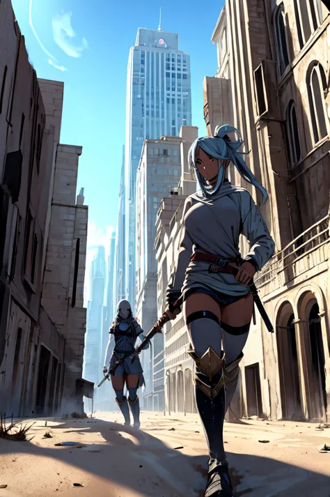 female character, with sword in hands in a deserted city