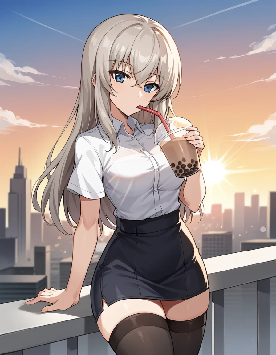 score_9, score_8_up, score_7_up, source_anime, rating_safe, BREAK itsumi erika, 1girl, blue eyes, grey hair, long hair, medium breasts, dress shirt, short sleeves, pencil skirt, black thighhighs, expressionless, happy, standing, drinking straw,bubble tea, looking at viewer, looking up, city, cityscape, sunlight, lens flare, sunset, gradient sky