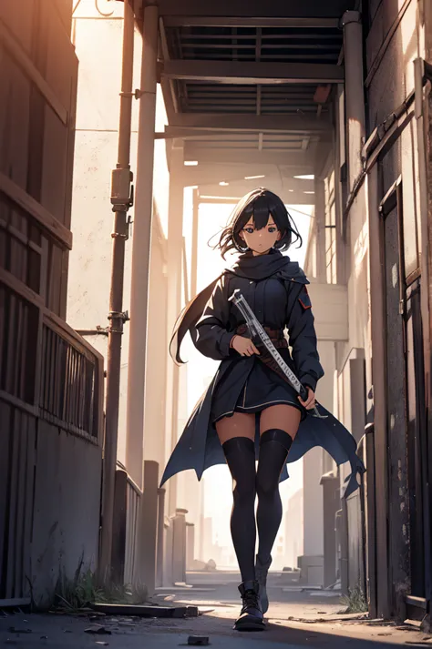 female character, with sword in hands in a deserted city