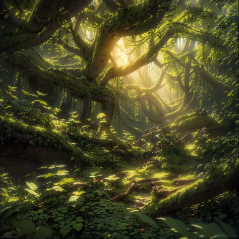 capture the tranquil beauty of an ancient forest at sunset、create awe-inspiring works of digital art。. そびえ立つwood々the scene shoul...