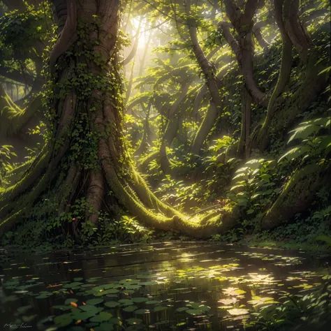Capture the tranquil beauty of an ancient forest at sunset、Create awe-inspiring works of digital art。. そびえ立つwood々The scene shoul...