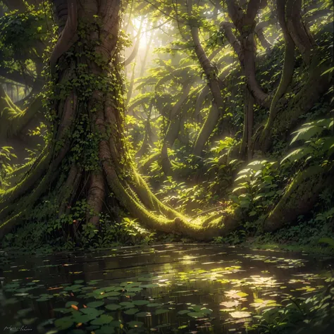 capture the tranquil beauty of an ancient forest at sunset、create awe-inspiring works of digital art。. そびえ立つwood々the scene shoul...