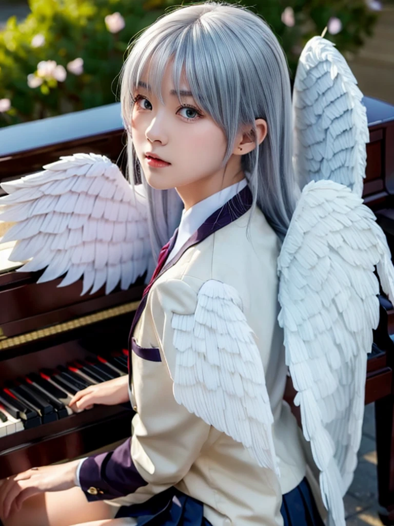 (Highest quality、4K、8K, masterpiece:1.3), Ultra detailed face, Detailed lips, Detailed eyes, double eyelid, 
BREAK, 
(extreme  close up:1.75), (from side:1.25),
BREAK,
1girl, 18 years old, short height, tachibana kanade, silver hair, short height, 
BREAK
(yellow eyes), white hair, long hair, bangs, hair pulled back,
BREAK,
looking at viewer, ((playing piano)),
photo background, photo inset, dusk, outdoors, spring, wind, falling petals, sunlight, skyline, 
BREAK
schooluniform, jacket, blazer, long sleeves, neck ribbon, gem, necklace, pleated skirt, kneehighs, loafers,
(((Angel wings spread wide on the back))),
