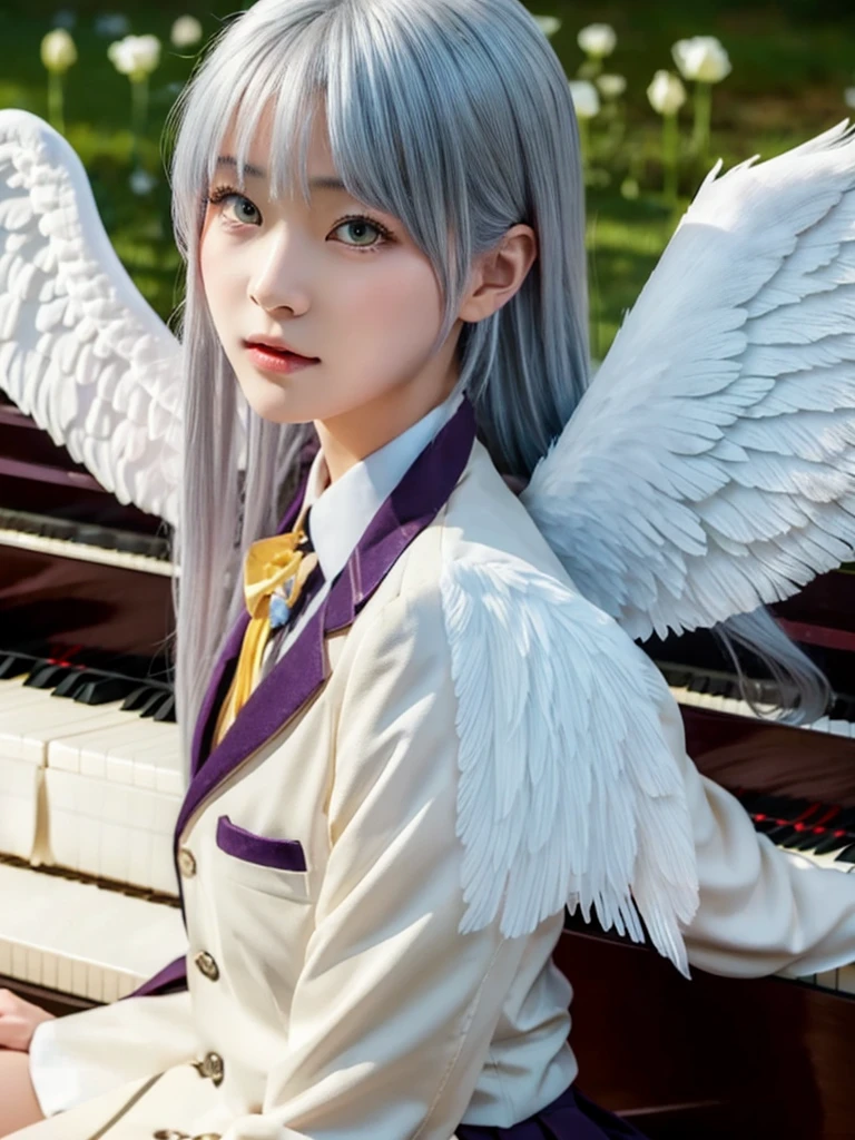 (Highest quality、4K、8K, masterpiece:1.3), Ultra detailed face, Detailed lips, Detailed eyes, double eyelid, 
BREAK, 
(extreme  close up:1.75), (from side:1.25),
BREAK,
1girl, 18 years old, short height, tachibana kanade, silver hair, short height, 
BREAK
(yellow eyes), white hair, long hair, bangs, hair pulled back,
BREAK,
looking at viewer, ((playing piano)),
photo background, photo inset, dusk, outdoors, spring, wind, falling petals, sunlight, skyline, 
BREAK
schooluniform, jacket, blazer, long sleeves, neck ribbon, gem, necklace, pleated skirt, kneehighs, loafers,
(((Angel wings spread wide on the back))),
