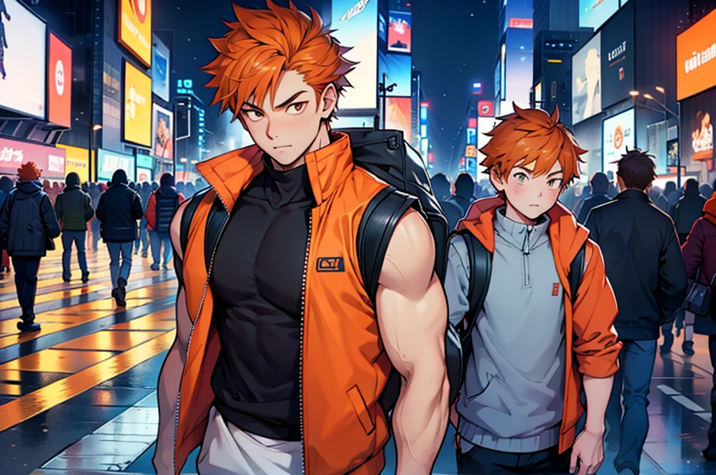 A close-up of a boy standing in a city with a backpack Child Boy in sleeveless sweatshirt in the middle of a busy Times Square style avenue, winter, leaning against one of the posts, orange hair child, wearing a cold sleeveless jacket, slightly unbuttoned jacket , masculine, little tight in the jacket, sem mangasA close-up of a boy standing in a city with a backpack  Boy in sleeveless sweatshirt in the middle of a busy Times Square style avenue, winter, leaning against one of the posts, orange hair , wearing a cold sleeveless jacket, slightly unbuttoned jacket , masculine, little tight in the jacket, sleeveless Masterpiece, Best Quality, Ultra Detailed, 1man