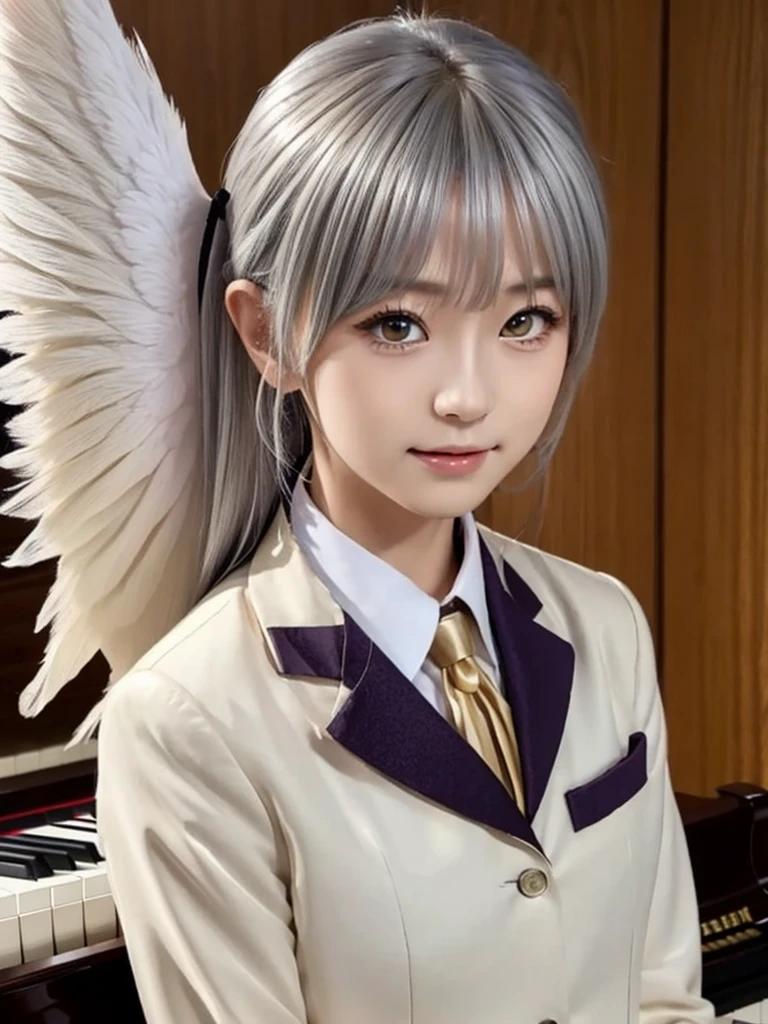 (Highest quality、4K、8K, masterpiece:1.3), Ultra detailed face, Detailed lips, Detailed eyes, double eyelid, 
BREAK, 
(extreme  close up:1.75), High angle,
BREAK,
1girl, 18 years old, short height, tachibana kanade, silver hair, short height, 
BREAK
(yellow eyes), white hair, long hair, bangs, hair pulled back,
BREAK,
looking at viewer, ((playing piano)),
photo background, photo inset, dusk, outdoors, spring, wind, falling petals, sunlight, skyline, 
BREAK
schooluniform, jacket, blazer, long sleeves, neck ribbon, gem, necklace, pleated skirt, kneehighs, loafers,
(((Angel wings spread wide on the back))),
