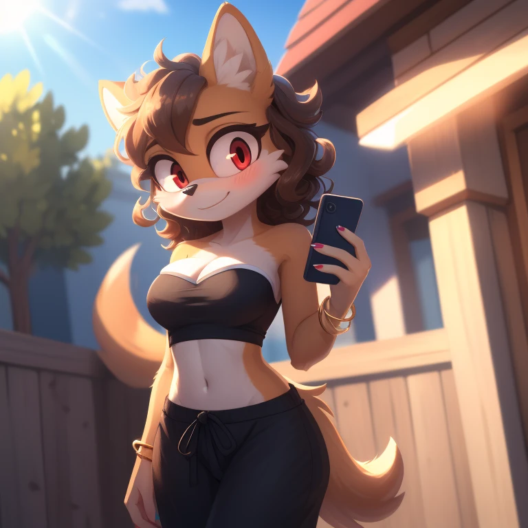 mobian, solo, hedgehog, two-tone fur ((orange fur, brown fur)), strapless crop top, baggy pants, cleavage, two-tone hair (brown hair, black tip)), curly hair, halo, sunglasses, jewelry, red eyes, longeyelashes, red eyes, smile, shy, blush, holding phone, high detail, masterpiece, UHD, anatomically correct, super detail, highres, 4K