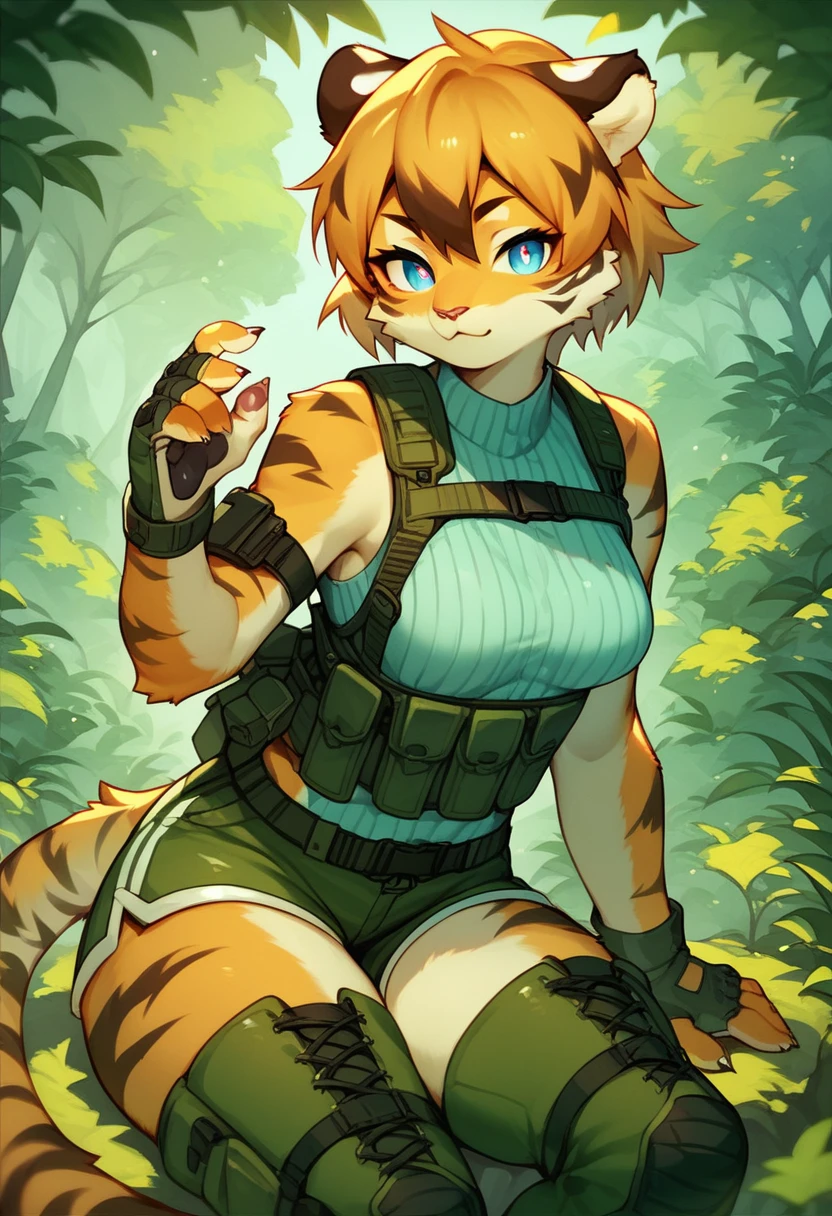 Punktzahl_9, Punktzahl_8_hoch) Punktzahl_7_hoch, Punktzahl_6_hoch, Allein, tiger, Kemono, anthro, Niedlich, kurzes Haar, blaue Augen, white phochils, sexy, orange fur, kurze Hose, Taktisches Gurtzeug, Overknee-Stiefel, Mörderin, ärmelloser Netz-Bodysuit, taktische Handschuhe, mittlere Brüste, Waldhintergrund,