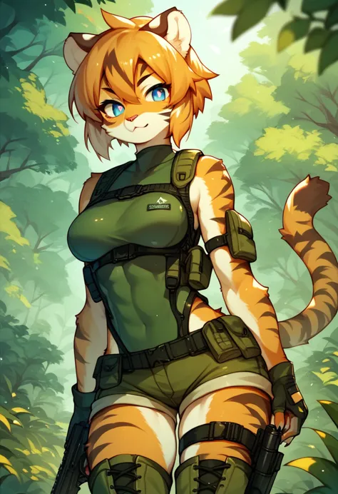 score_9, score_8_up) score_7_up, score_6_up, solo, tiger, kemono, anthro, cute, short hair, blue eyes, white pupils, sexy, orang...