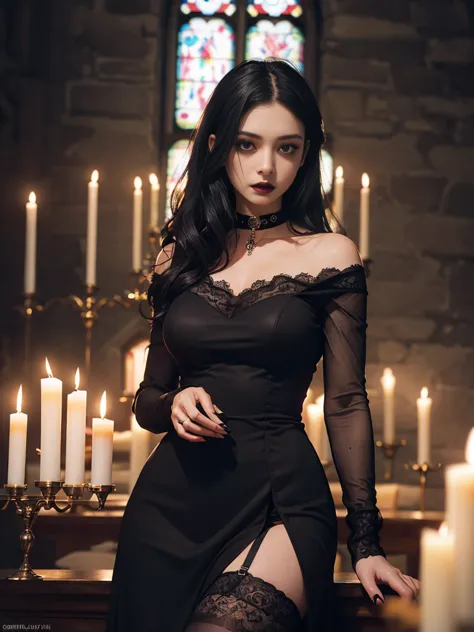 Raven Noir, sexy cute goth vampire woman in a church, long dark hair, pale skin, dark elegant goth lacy dress, stockings, garter...