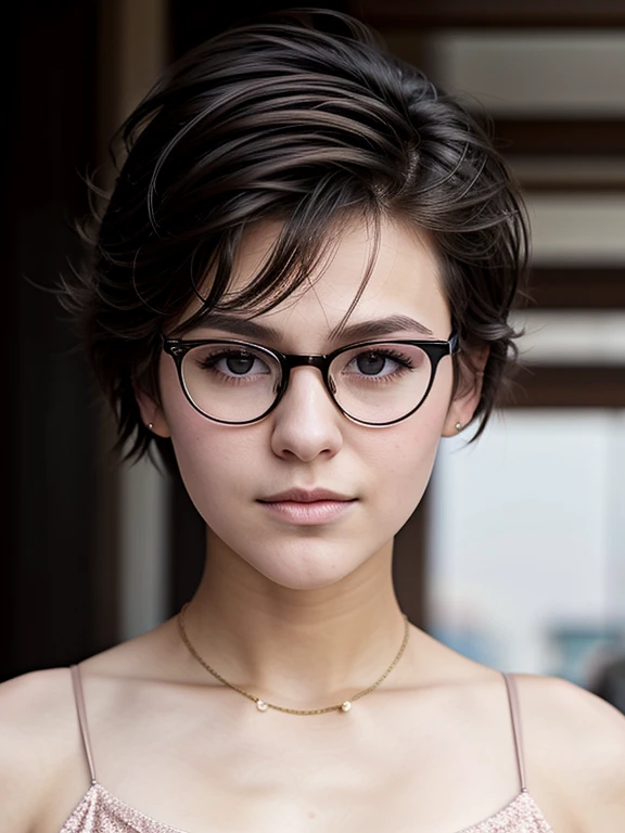 (masterpiece, Best quality:1.2), 1 tomboy girl 16 years old, One, Russian girl in glasses with aesthetic small breasts with beautiful erect pale pink nipples, round face, round cheeks, small round chin, beautiful proportional small wide nose, Plump lips, closed mouth, expressive brown eyes, Long eyelashes, glasses with lenses, a little crazy look, sparkle in the eyes, spiky tousled dark brown tousled slightly wavy medium length shoulder length hair, Plain Cotton Men&#39;s Formal Dress Shirt, absolutely no bra, upper body photo portrait, high quality human skin textures, Beautiful face, Ideal Anatomy, realistic textures, realistic glasses, image distortion through glasses lenses, without cosmetics and perfumes, without decorations, medium shot, free pose 