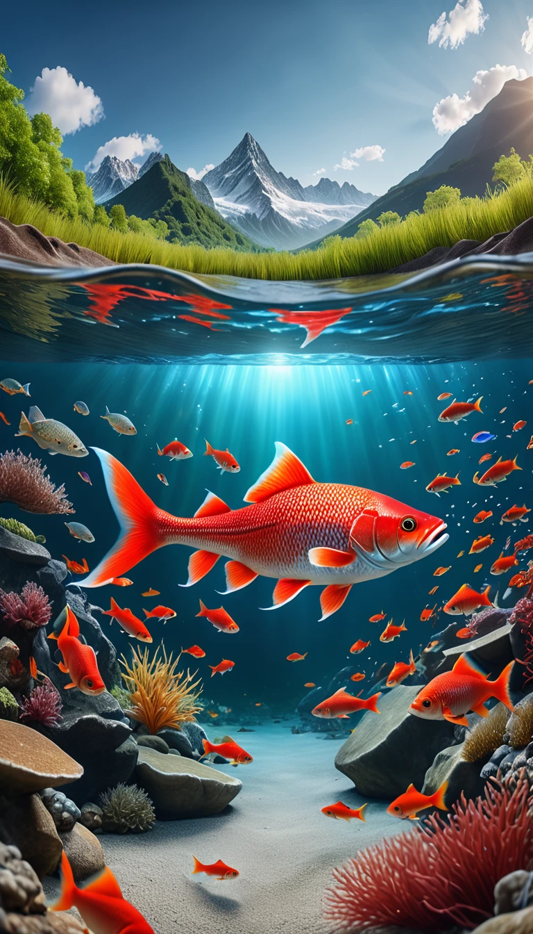 There are red fish at the bottom of the river，Panoramic front view(best quality，4K，8K，High level，masterpiece：1.2），Ultra Detailed，（lifelike，Photo real，Photo real：1.37），Highly detailed animals，Complex patterns，Realistic lighting，Fantasy Creatures