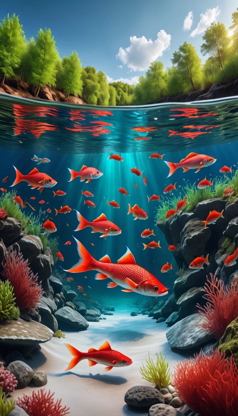 There are red fish at the bottom of the river，Panoramic front view(best quality，4K，8K，High level，masterpiece：1.2），Ultra Detailed，（lifelike，Photo real，Photo real：1.37），Highly detailed animals，Complex patterns，Realistic lighting，Fantasy Creatures