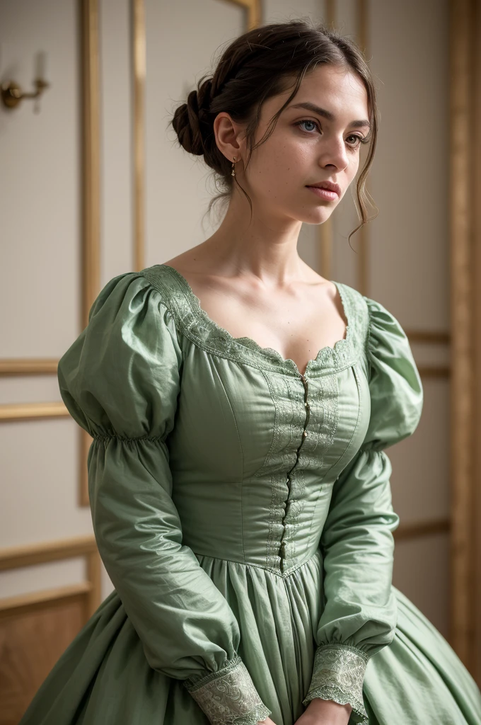 ((best quality, exceptional quality)), ((better skin texture, premium material)), (upper body portrait), victorian era woman, good posture, the moment when i saw her bright green eyes and fell in love, puffy sleeves