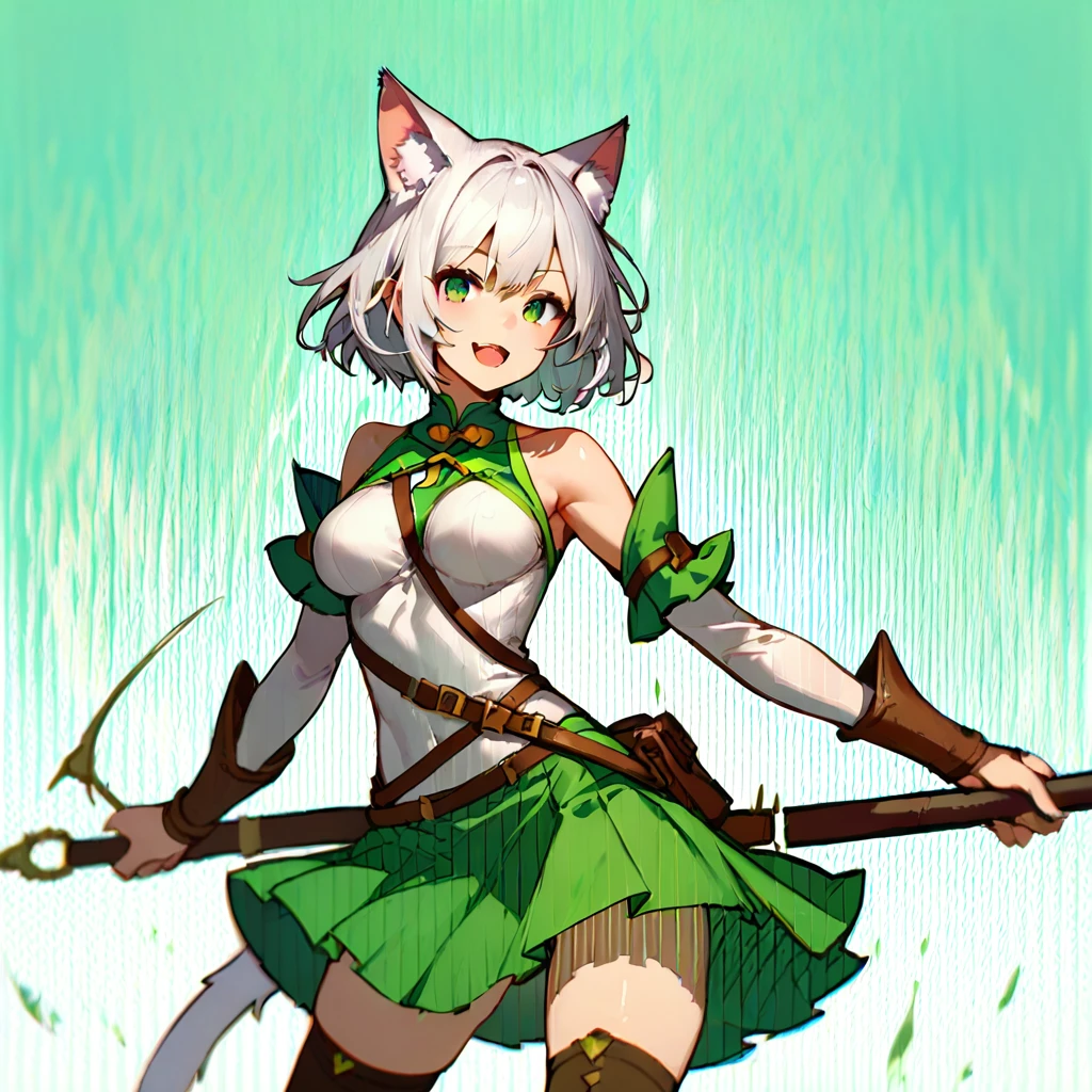 (score_9,score_8_up,score_7_up,) 1girl, solo, breasts, looking at viewer, smile, short white hair, open mouth, skirt, thigh highs, animal ears, tail, weapon, holding weapon, animal ear fluff, green skirt, sheath, green background,
