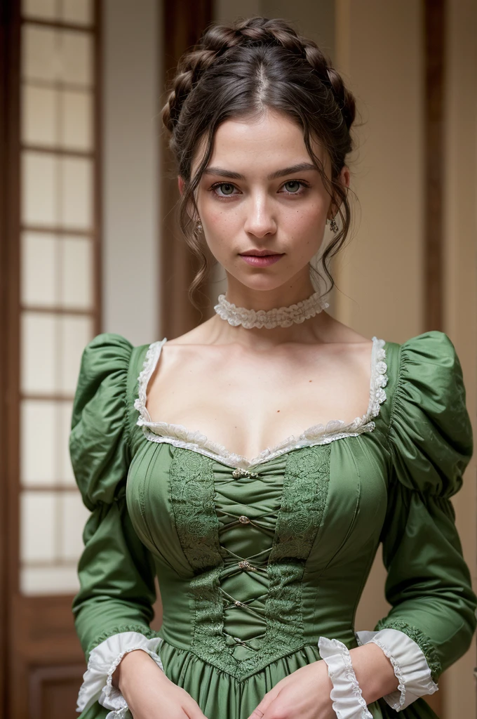 ((best quality, exceptional quality)), ((better skin texture, premium material)), (upper body portrait), victorian era woman, good posture, the moment when i saw her bright green eyes and fell in love, puffy sleeves