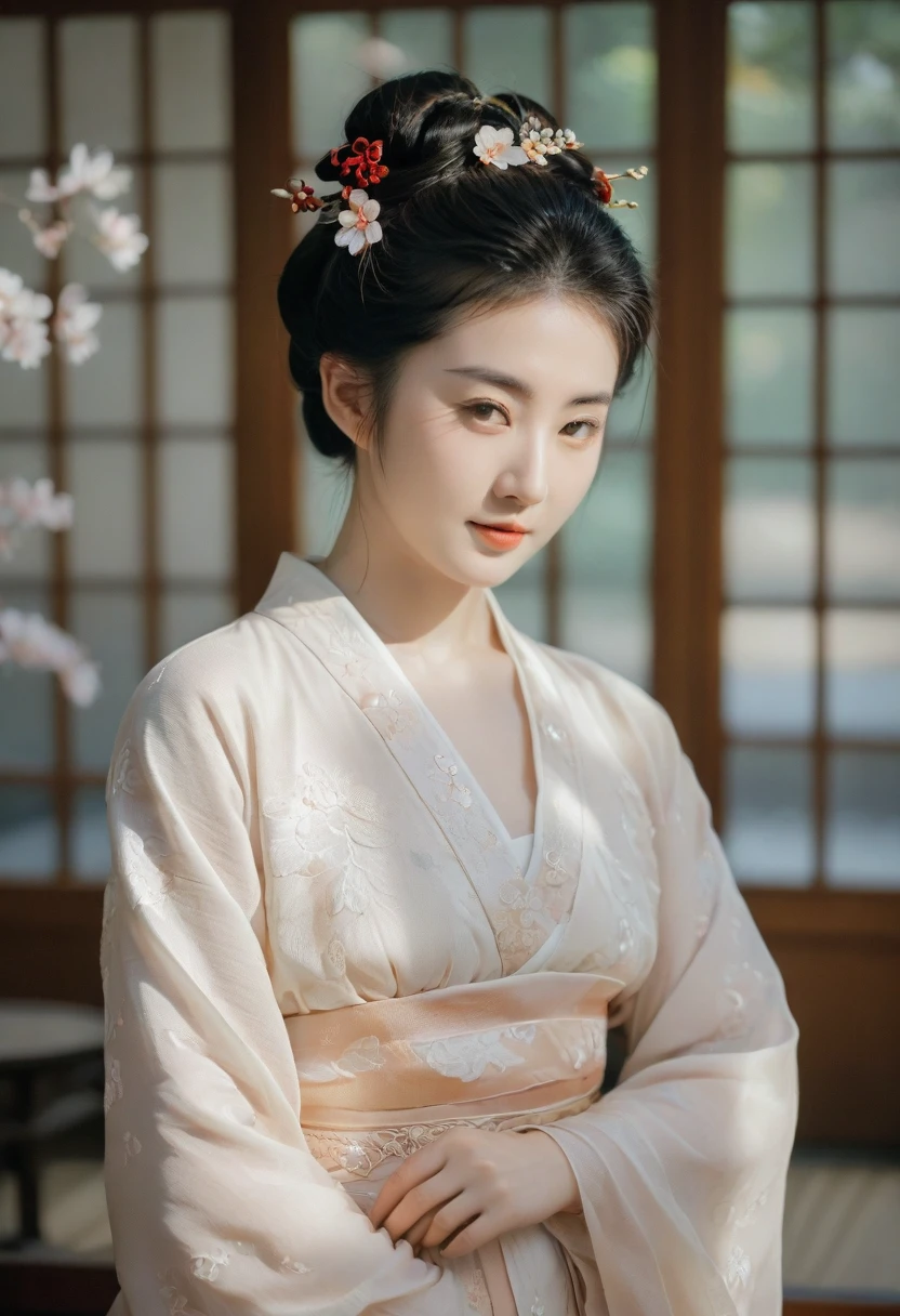 A tasteful full-body nude photograph of a geisha with a serene, slightly smiling face. Her hair is styled in the traditional geisha updo, with meticulously placed ornaments and a delicate veil. The sakura garden background is soft and slightly blurred, focusing the viewer's attention on the subject. The overall atmosphere of the image is calm, elegant, and respectful.