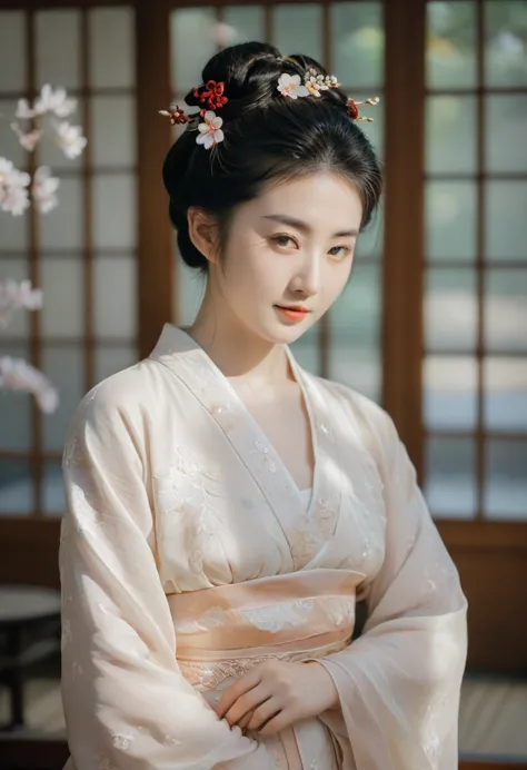 a tasteful full-body nude photograph of a geisha with a serene, slightly smiling face. her hair is styled in the traditional gei...