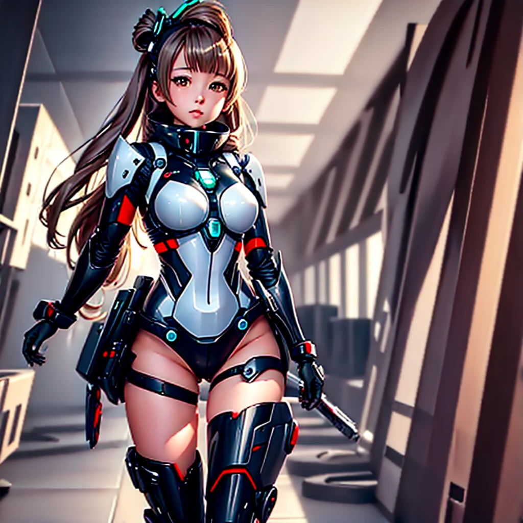 obra maestra, alta calidad, cuerpo cyborg ginoide、The face is minami kotori、minami kotori, quien ha sido remodelada en un cuerpo mecánico tipo niña、Chica cyborg mecha、soltero, Composición frontal、soltero image、desde el frente, cuerpo completo、Brazos y piernas bien abiertos、Fondo negro