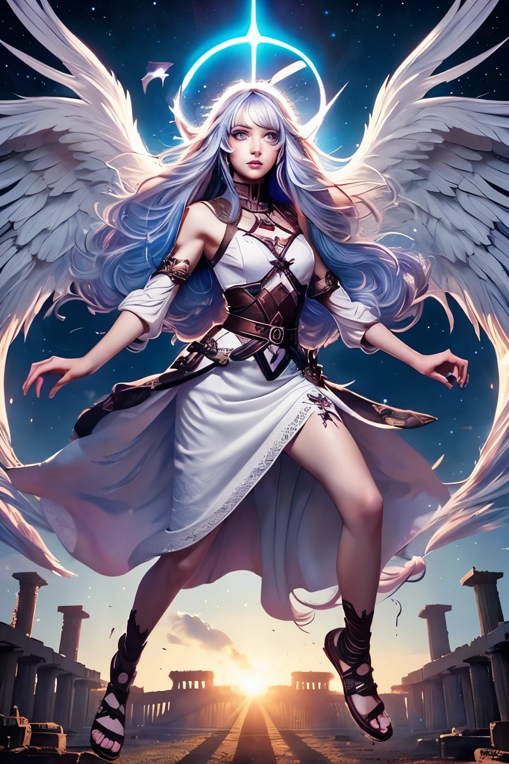 (Ultra-detailed face, roar, shout), (Fantasy Illustration with Gothic & Ukiyo-e & Comic Art), (Full body, A female angel with silver hair, blunt bangs, very long disheveled hair, lavender eyes), (The female angel wears a white Babylonian-style cotton dress with feathered hair ornaments, sacred letters, embroidery, and lace, and braided sandals of white cloth), BREAK (The archangel roars and flies through the sky with a sparkling rainbow-colored trail in a daring pose, holding a flame experience in her hand, at the Parthenon), BREAK (The area is filled with fire and smoke, and an army of acid demons is battling an army of angels)
