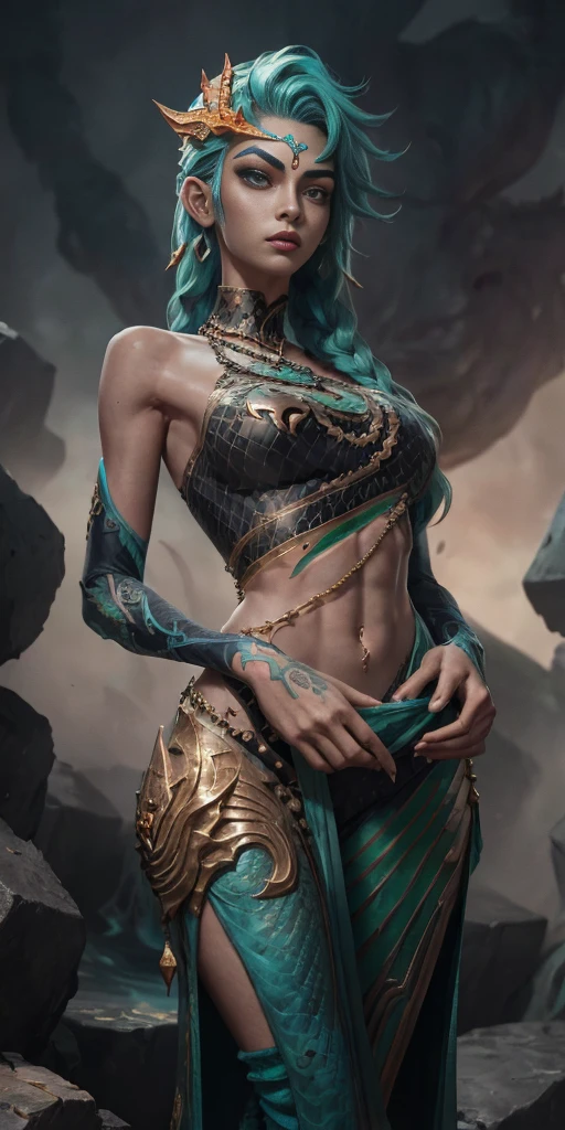 ((Tall girl reciting mantras)), peeking out from under his forehead, BREAK, (Fog in the background, chaos, destruction, Gold Chains, Blood and sand), (Slim_thights:1.3), ((big breastes)), slender_thights, aqua hair, 1girl, solo, (shapely body:1.4), generous cleavage, Skinny,  detailed anatomy, the perfect body, Detailed body, detailized face, Beautiful anato
mical eyes. BREAK Kaisa Dragon Lagoon,  The BREAK is very detailed, Intricately detailed art, Artstation's Detailed Triadic Color Trend in Unreal Engine 5, 8K resolution, deviantart masterpiece.