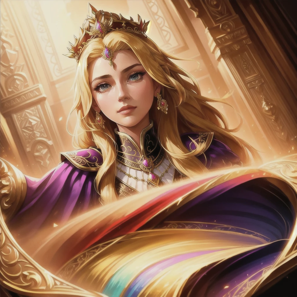 A beautiful princess with long blonde hair, elegant and regal posing as a queen, yugioh style, detailed face, intricate crown, ornate jewelry, flowing dress, dramatic lighting, cinematic composition, vibrant colors, fantasy art, digital painting, photorealistic, 8k, best quality, masterpiece