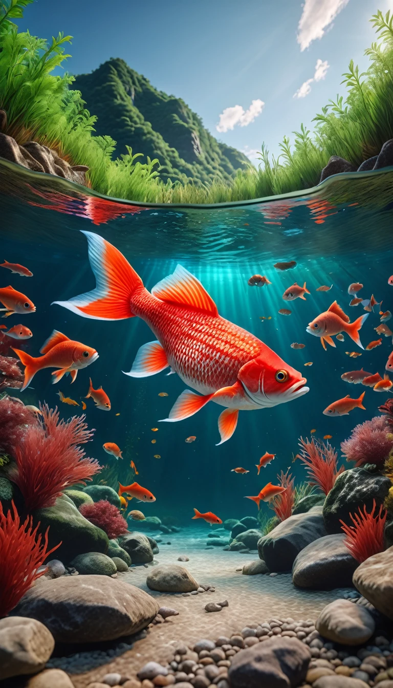 There are red fish at the bottom of the river，Front view(best quality，4K，8K，High level，masterpiece：1.2），Ultra Detailed，（lifelike，Photo real，Photo real：1.37），Highly detailed animals，Complex patterns，Realistic lighting，Fantasy Creatures