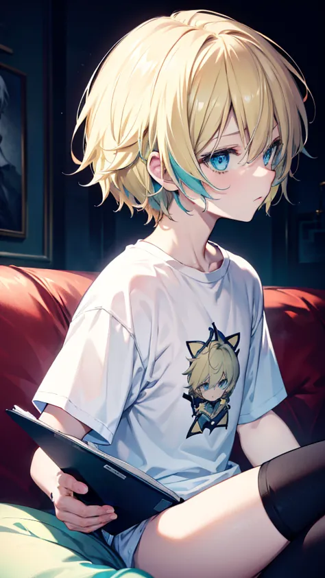 profile background, anime boy, serious face, blond hair, cyan eyes, detailed eyes and face, white t-shirt with a black book draw...