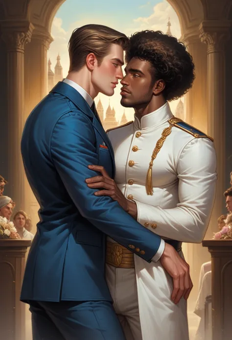 an interracial gay couple of men in full royal costumes romantic embrace, fully dressed, wearing real pants, faceoff, European a...