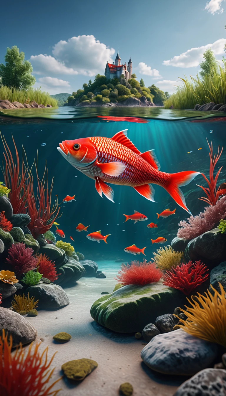 На дне реки есть красная рыба，передний план(Лучшее качество，4K，8К，высокий уровень，шедевр：1.2），Ультра подробный，（Реалистичный，фото реальное，фото реальное：1.37），Высоко детализированные животные，сложные узоры，реалистичное освещение，Фэнтезийные существа