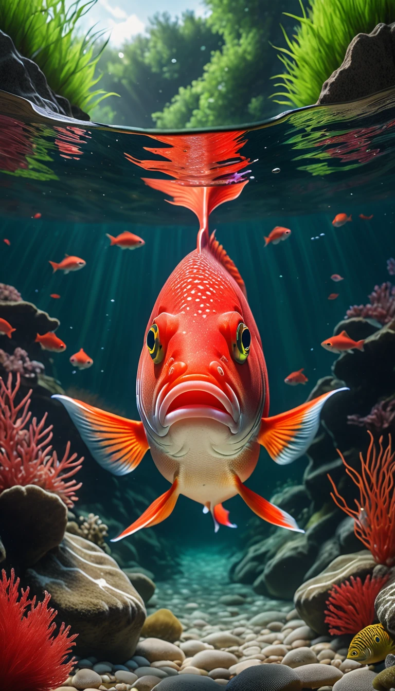 На дне реки есть красная рыба，передний план(Лучшее качество，4K，8К，высокий уровень，шедевр：1.2），Ультра подробный，（Реалистичный，фото реальное，фото реальное：1.37），Высоко детализированные животные，сложные узоры，реалистичное освещение，Фэнтезийные существа