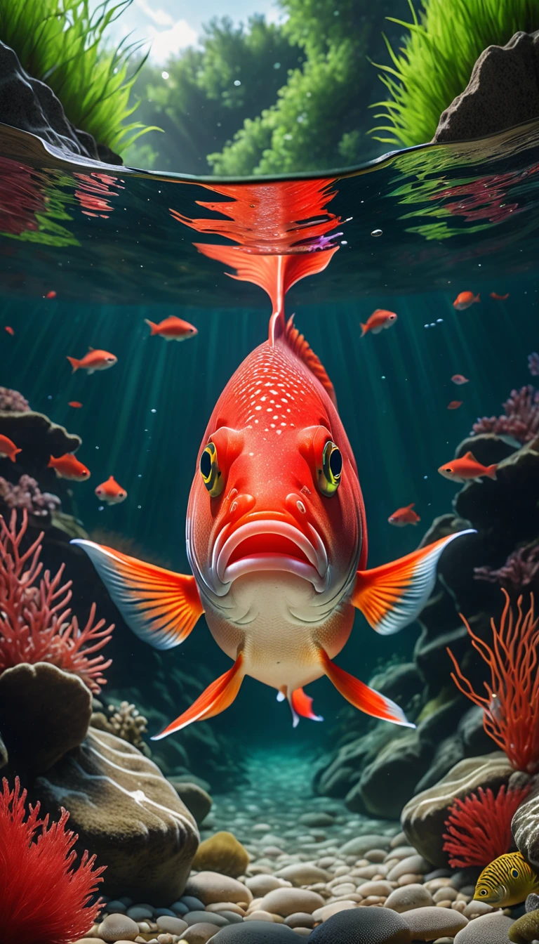 There is a red fish at the bottom of the river，Front view(best quality，4K，8K，High level，masterpiece：1.2），Ultra Detailed，（lifelike，Photo real，Photo real：1.37），Highly detailed animals，Complex patterns，Realistic lighting，Fantasy Creatures