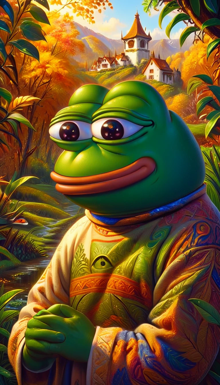 a pepe frog with friendly expression,pepe frog character,cute frog mascot,cartoon style,vibrant colors,detailed intricate design,digital illustration,surreal fantasy,whimsical concept,adorable frog character,frog joining a community,friendly frog mascot,warm and inviting atmosphere,soft textures,natural elements,lush foliage,sense of community,digital art,4k,8k,highres,masterpiece,ultra-detailed,realistic,photorealistic