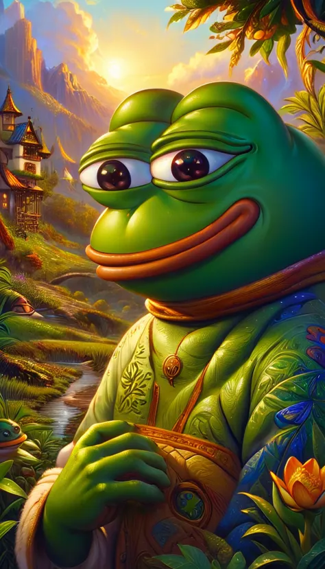 a pepe frog with friendly expression,pepe frog character,cute frog mascot,cartoon style,vibrant colors,detailed intricate design...