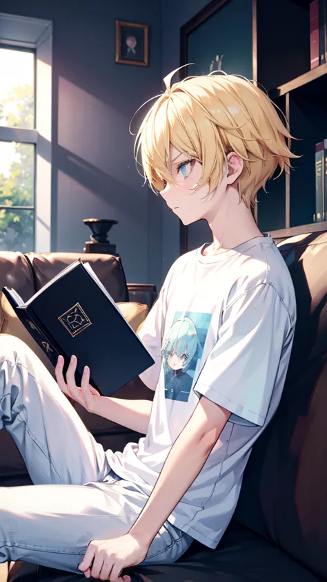 profile background, anime boy, serious face, blond hair, cyan eyes, detailed eyes and face, white t-shirt with a black book in t...