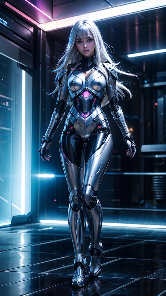 1girl, ultra realistic, ultra crisp, NVIDIA RTX, unreal engine, perfect slim body, realistic face, perfect face, realistic body, epic skin details, white hair, hair blown with strong winds, hyper rendering, ultra details, glowing eyes, purple eyes, blush, parted lips, cybernetic ear, cybernetic metalic hands, cybernetic metalic legs, luminous cybernetic futuristic metalic mechanical body, ultra realistic lights reflection details, ((full body shown)), from below, posing in the middle.